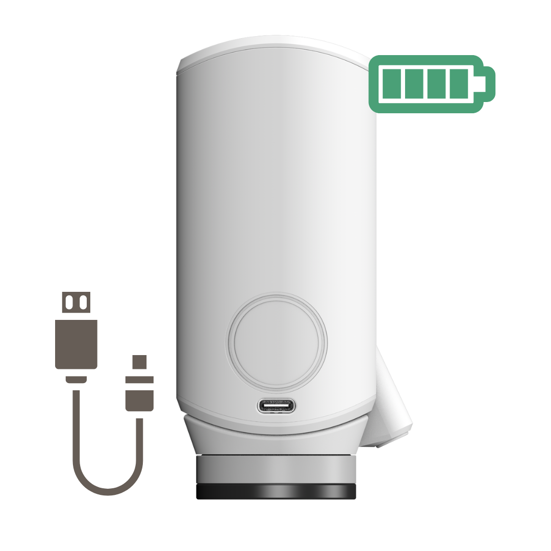 Side view of Allbliss with a rechargeable battery and an adapter cord.