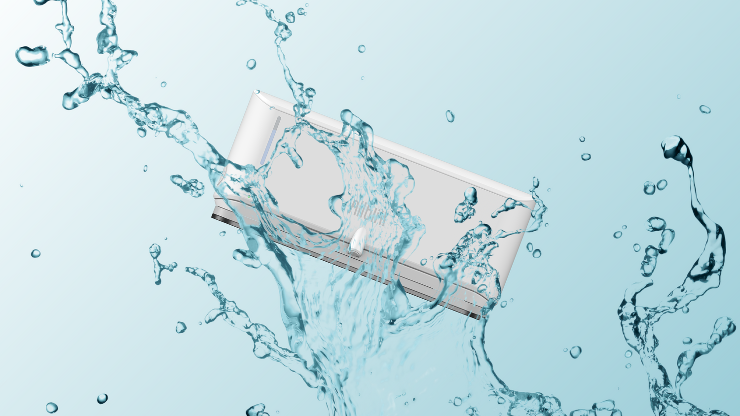Allbliss with water splashes on a light blue background